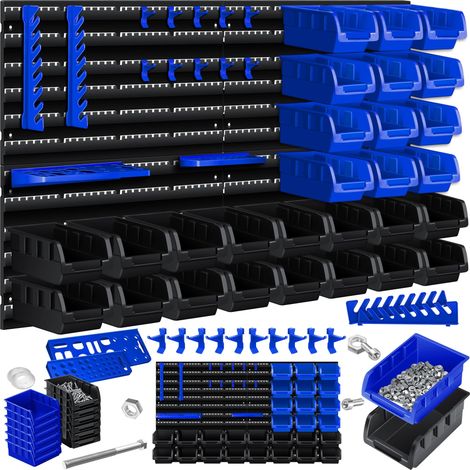 MASKO® Wandregal + Stapelboxen + Werkzeughalter, 45 tlg. Box, Erweiterbar, Werkstattregal, Lagerregal, Steckregal, Set Box, Sichtlagerkästen, Stapelboxen+Werkzeughalter, Blau (1/5)