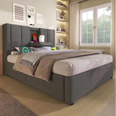 Bett Mit Bettkasten 90x200 cm Mit Hydraulikgestell, Grauer Stoff (1/5)