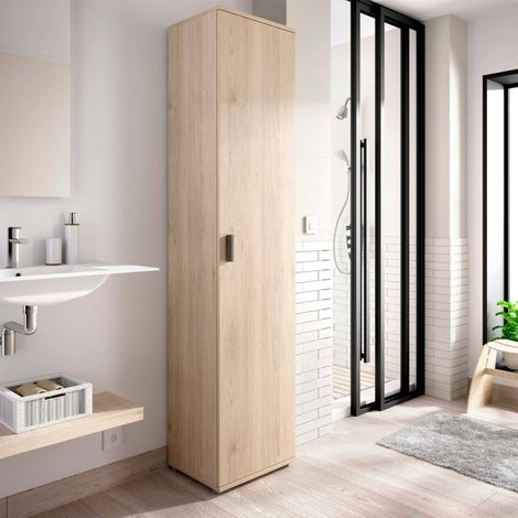 Dmora - Columna de baño Lagalb, Mueble alto de baño, Armario alto multiusos 1 puerta, 39x35h190 cm, Roble (1/5)