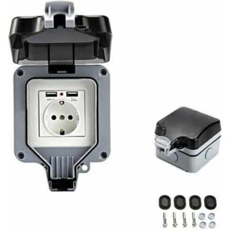 Prise murale d'extérieur double avec port USB, étanche et résistante, équipée d'une boîte murale simple pour une utilisation en extérieur. (1/5)