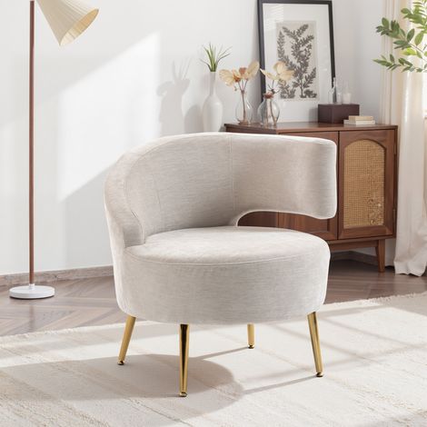 Fauteuil lounge en tissu chenille, dossier incliné, pieds en acier doré, blanc crème, pour salon (1/5)
