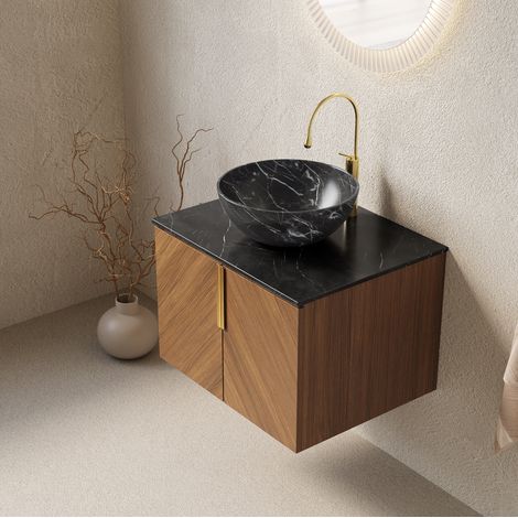 Mobile Bagno Sospeso 61x50x40 cm, con Lavabo a Motivo Pietra e Piano Sinterizzato, 2 Ante Legno Espresso, Ceramica e Pietra Nera (1/5)