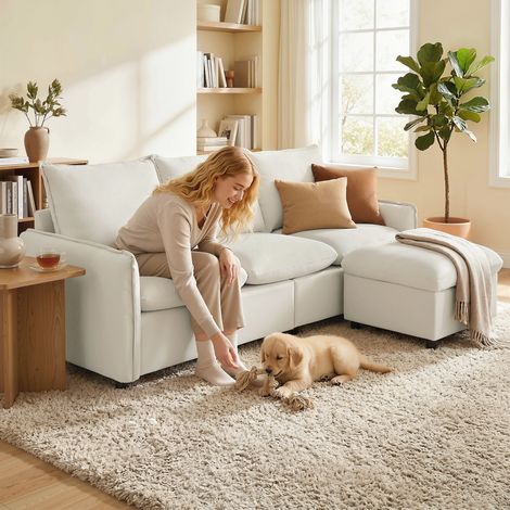 Canapé d'angle modulable 3 places en tissu respirant effet cuir avec repose-pieds, rangement et coussins, couleur crème (1/5)