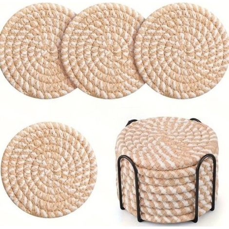Ensemble de 8 sous-verres (avec support de rangement), absorbants, pour tables basses, ensemble minimaliste en coton tissé (1/5)