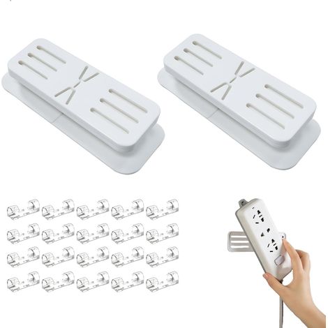 Support Multiprise Bureau, Fixation Murale Multiprise Autocollant, Support Mural Multiprises avec 20 Pcs Clips Cable, Rotatif Fixation de Multiprises Supports pour Salon Cuisine, 2 Pcs, Blanc (1/5)
