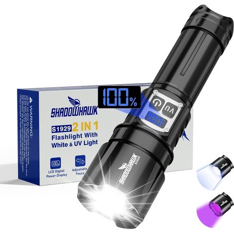 Lampe de poche LED/UV 2 en 1 rechargeable avec double interrupteur 500 000 lumens - Lampe de poche extrêmement lumineuse avec lumière noire UV pour inspection/camping/extérieur, intensité (1/5)