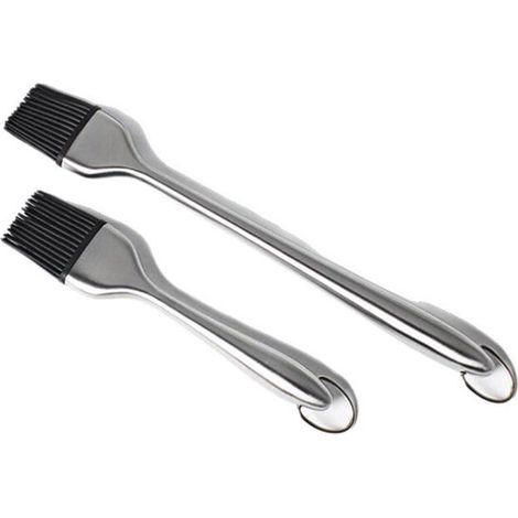 2 pennelli/spazzole in acciaio inox, da 30 cm e 20 cm, con manici lunghi e resistenti al calore. (1/5)