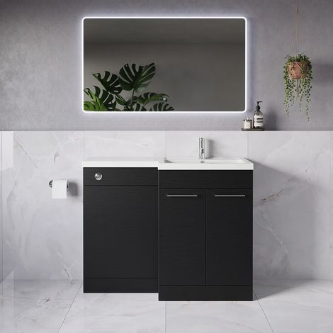 Napoli 390 Nero Oak 1100mm 2 Door Vanity Unit Toilet Suite with Square Right Hand Lucia Basin - 1100mm - Chrome 160mm HandleWithout Kingston Toilet Pan