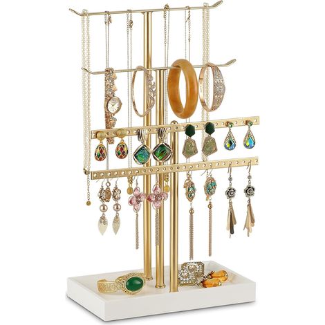 Présentoir à bijoux, doré, 37 cm, porte-bijoux, rangement de bijoux, 4 arbres à bijoux en forme de T, support de boucles d'oreilles, support de collier, organisateurs de bijoux pour colliers, bracelet (1/5)
