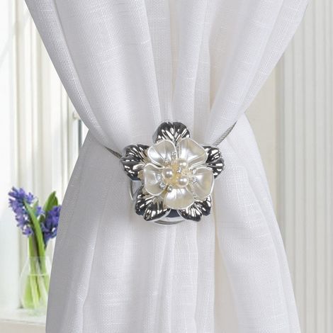 4-teiliges magnetisches Gardinenhaken-Set, elegante Blumen-Gardinenschnalle mit Magnetverschluss – Raffhalter, Haltebänder und Einfassung (Silber)