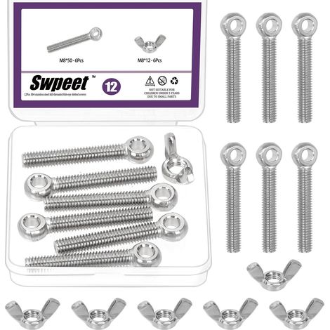 12Pcs M8 x 50mm 304 en acier inoxydable Épaule Swing Lifting Eye Boulon et M8 Kit d'assortiment d'écrous d'aile, Boulon de rigging Fisheye de fil métrique, Bouchon de dôme hexagonal (1/5)