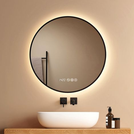 EMKE Miroir de salle de bain LED rond 70 × 70 cm, 3 températures de couleur, intensité réglable, fonction antibuée, affichage heure et température, cadre en aluminium noir (1/5)