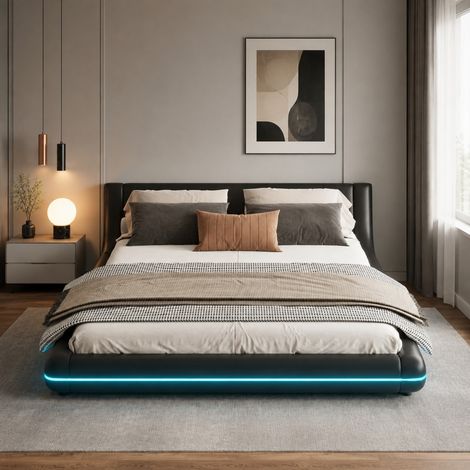Bodenbett 160x200 cm schwarz aus PU und MDF mit LED-Beleuchtung (1/5)