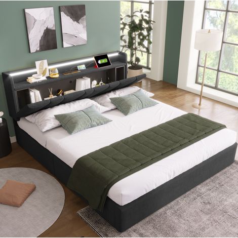 FLORAGRACE Lit coffre 140x200 cm en tissu gris avec tête de lit de rangement, prises 2 prises, USB et Type-C (1/5)