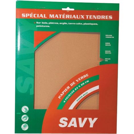 Savy Papier de verre grain fin ensemble 4 feuilles 28x23 cm