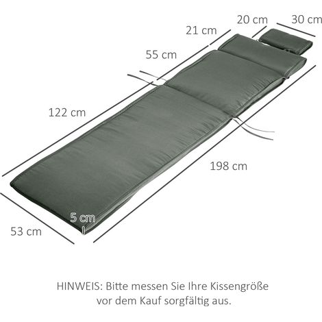 Coussin pour chaise longue de jardin avec appui-tête amovible, housse en fibres de polyester et de coton, gris, 198 x 53 x 5 cm (1/5)