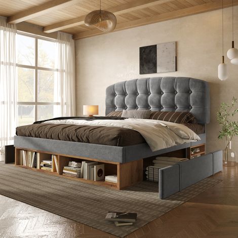 Lit double 140x190 cm, sommier à lattes intégré, tête de lit velours gris incurvée et réglable, cadre capitonné avec rangements et tiroirs, literie complète pour chambre, sans matelas. (1/5)