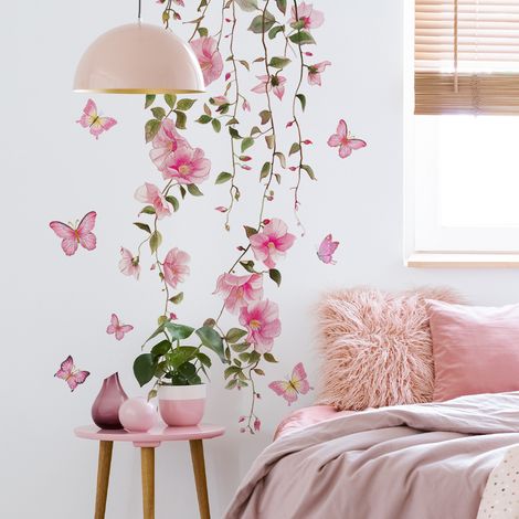 Lntyq Sticker Muraux de Vigne de Fleur Rose Autocollant Étanche à Peler et à Coller Autocollant Mural Floral de Papillon pour le Salon et la Chambre à Coucher