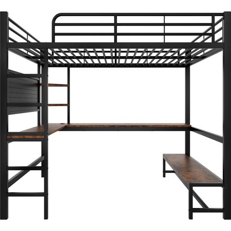 Lit mezzanine 140 x 200 cm en métal noir avec bureau, étagères, échelle, LED et prise USB Type-C (1/5)