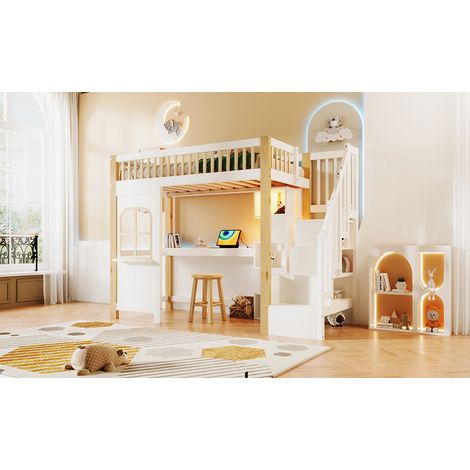 Cama alta 90x200 cm con escritorio, luz LED, estanterías y armario escalera, diseño casa con ventanas arqueadas, en madera de pino y MDF - CHICFURN (1/5)
