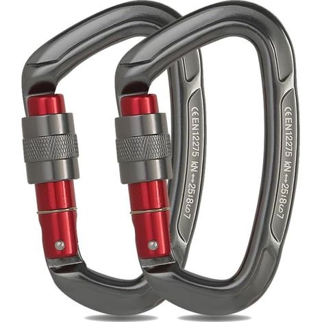 Moschettoni da arrampicata - in lega di alluminio - chiusura a vite - portata 25 kN - robusti e durevoli - set da 2 - grigi (1/5)