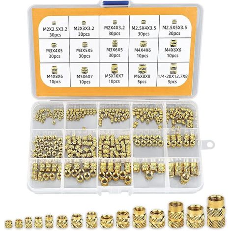 Lntyq 300 Pièces Écrous Moletés à Filetage, Écrous Filetés, M2/M2.5/M3/M4/M5/M6 Insert Fileté Laiton Femelle avec Filetage Interne pour Impression 3D
