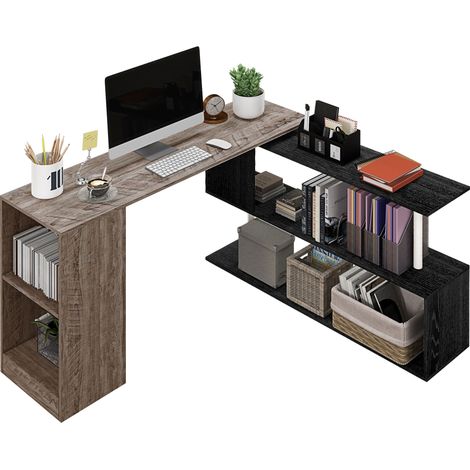 Scrivania Angolare Salvaspazio con Ripiano a S, in Legno, 140x120x78 cm, Grigio effetto Legno