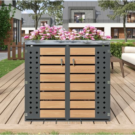 Armadio portabidoni grigio e legno in acciaio zincato con fioriera, due vani, porte con serratura e ventilazione (1/5)