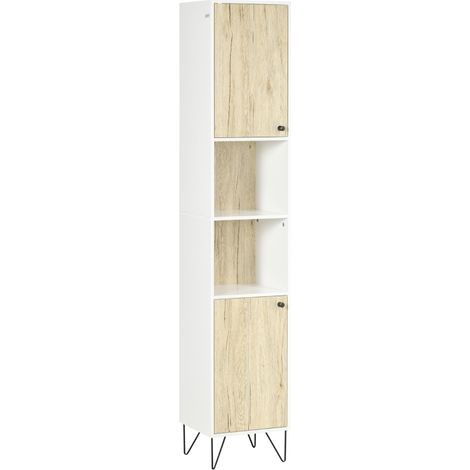 Colonna Bagno con 2 Ripiani Aperti e 2 Armadietti in Truciolato, 31.5x30x169 cm, Bianco e color Legno (1/5)