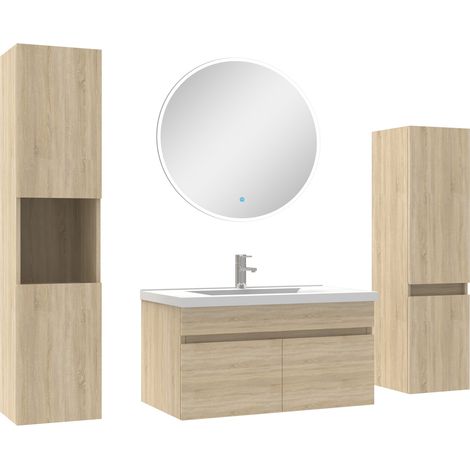 Acezanble meuble Salle de Bain Chêne Wotan 80cm simple vasque + colonne + miroir rond LED (1/5)