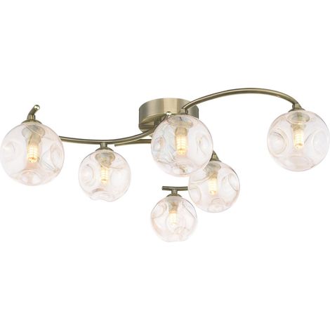 Dar Nakita Plafonnier semi-encastré Nakita à 6 lumières, laiton antique et verre ambré organique fermé