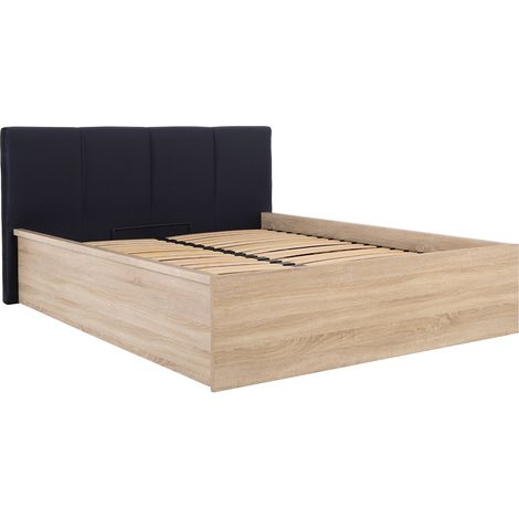 Lit adule 140x200 avec tête de lit capitonnée noir,sommier et rangement, coloris Chêne wotan - Longueur 204,5 x Profondeur 149 x Hauteur 95/40,5 cm (1/3)
