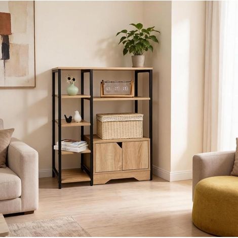2-in-1 Bücherregal 80x35x97 cm mit Regalfächern und Schrank, Hell Eiche HAVRYA (1/5)