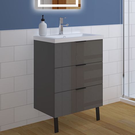 Badmöbel Unterschrank Standschrank Stehend Waschtisch mit Kunststein Waschbecken Hochglanz anthrazit 60cm