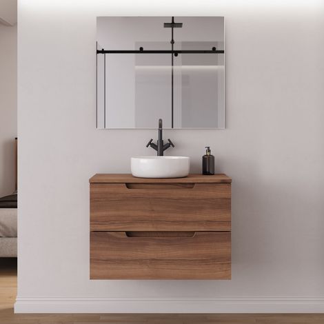 Meuble de salle de bain 80cm avec plateau et vasque à poser ronde - 2 tiroirs - noyer (bois foncé) - SONRIZA (1/5)