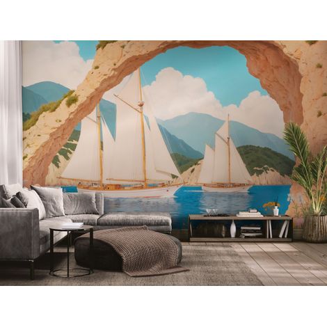 Papier peint Paysage – voiliers sous arche rocheuse - 150 x 250 cm (1/2)