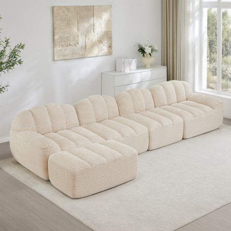 4-Sitzer Modulares Sofa mit 1 Ottoman, Muschelform, Boneless Sofa aus 32D Hochdichtschaum, tiefe Sitzfläche, ideal für Wohnzimmer, weicher Stoff,Beige Weiß 
WL