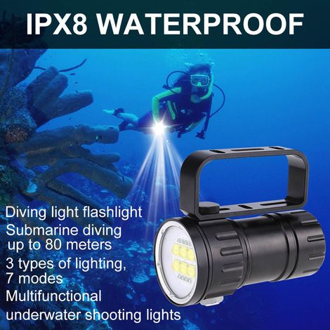 Lampe torche LED 3,7 V 28 800 lm pour la photographie et la plongée (portée jusqu'à 80 m) avec support. (1/5)