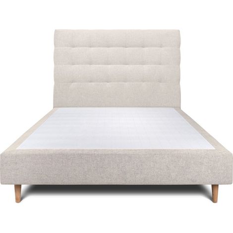 Lit 150x190cm avec tête de lit capitonnée tissu et sommier tapissier Beige clair - Hauteur totale : 35cm (1/5)