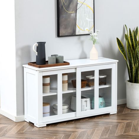 Buffet de cuisine moderne, meuble d'appoint avec 2 portes coulissantes en verre et étagère réglable, 107 x 33 x 62,5 cm, blanc