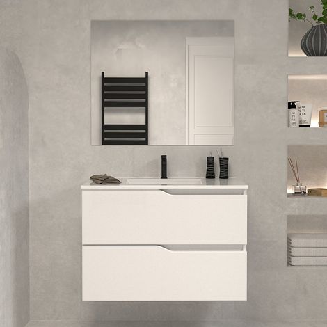 Meuble de salle de bain 60cm simple vasque - 2 tiroirs - blanc - LUNA (1/5)