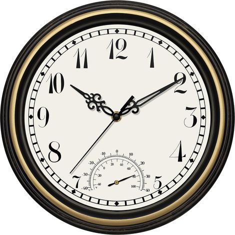 Indoor Outdoor Waterproof Wall Clock with Thermometer, Retro Silent Non-Ticking Round Clock for Garden Patio Yard Bathroom Home (12 Inch, Black Gold) (1/4)