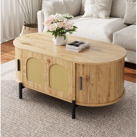 Mesa baja ovalada con almacenaje, MDF natural, puertas de ratán, patas metálicas, 100 x 50 x 40 cm (1/5)