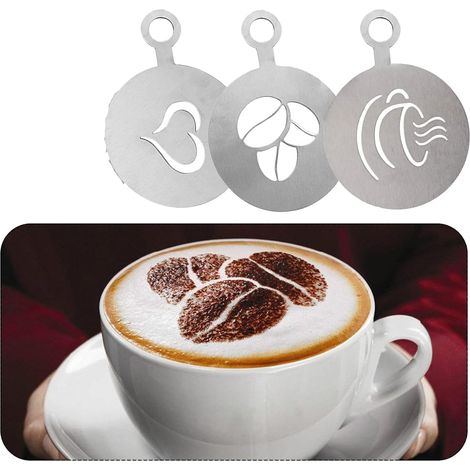 Moule À Café En Acier Inoxydable - 3 Pièces - Motifs Cœur Haricot Tasse - 10 x 8,3 cm - Pour Latte Art Et Décoration De Boissons (1/5)