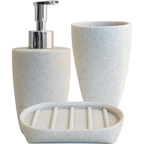 Sand series complete bathroom set with soap dispenser, soap dish toothbrush holder, bath glass, liquid soap dish made of resin color effect stone effect (1/5)