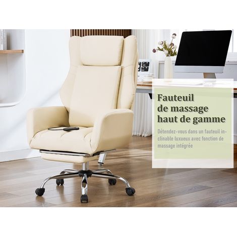 Fauteuil de bureau à pieds croisés, revêtement cuir PU, fonction massage, accoudoirs et repose-pieds réversibles, beige (1/5)