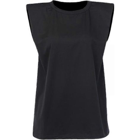 Damen Tanktop, locker geschnitten, ärmellos, aus Baumwolle, Rundhalsausschnitt, Schulterpolster, schwarz, Größe L