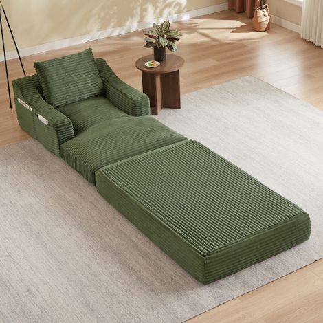 Fauteuil Lounge en Velours Côtelé sans Cadre, Design Minimaliste Moderne à Double Couche, Transformable en Petit Lit, Mousse Haute Densité, 162 x 100 x 68 cm, Vert (1/5)
