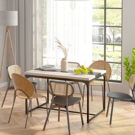 Tavolo da pranzo per 6 persone, stile industriale in metallo nero e legno, dimensioni 120L x 89W x 75,5H cm (1/5)