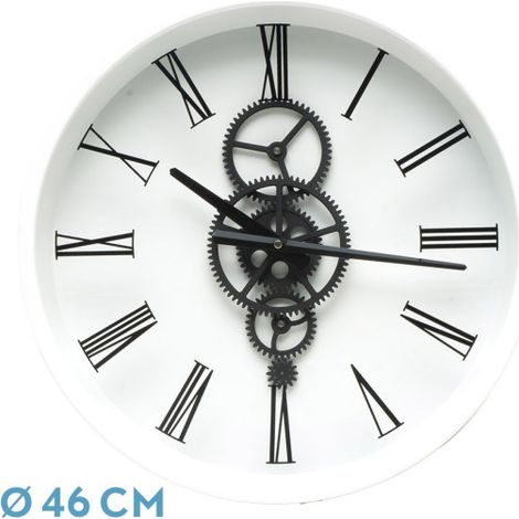 Orologio da parete DUQUE bianco nero 46x46x7 cm ingranaggi con movimento